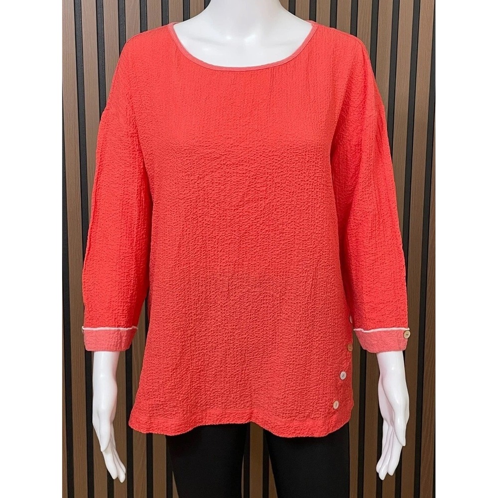 Ali Miles Women's M Orange Blouse Polyester Tunic Textured Button Detail Stretch